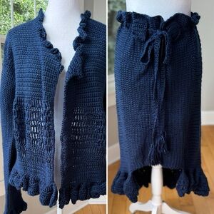 Handmade Navy Blue Ruffle Open Knit Crochet Belted Skirt Cardigan Set Sz Large